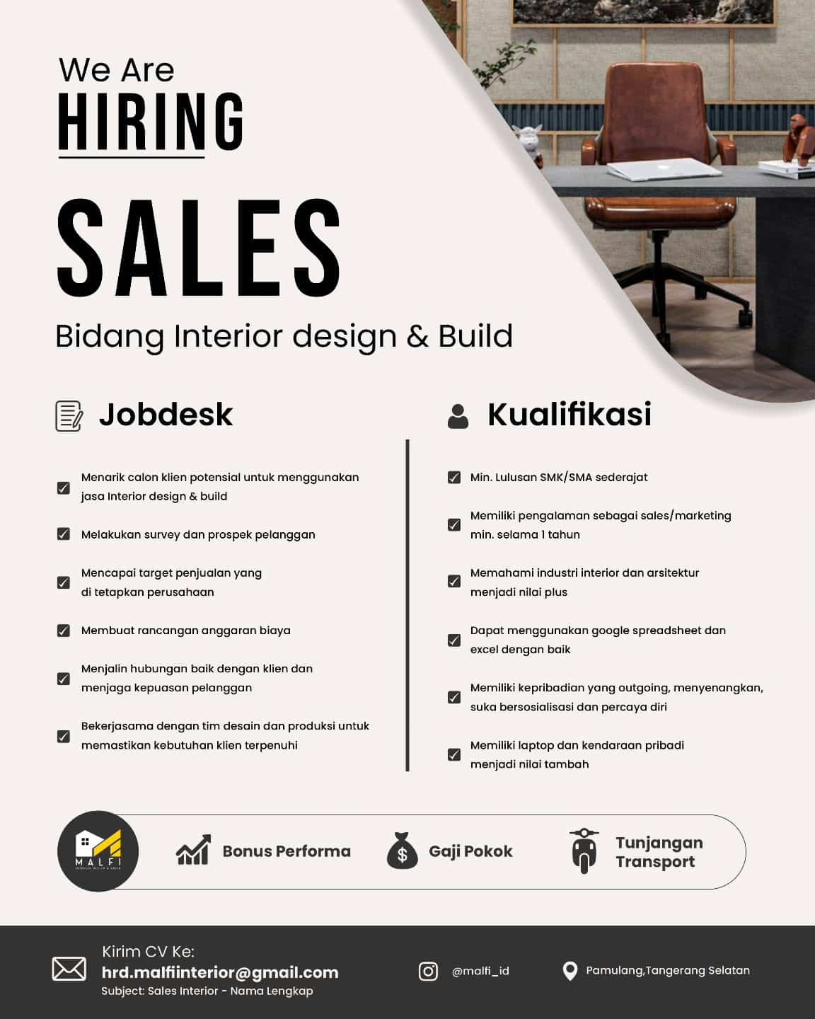 Lowongan Kerja Sales Interior Design & Build di Malfi - Pamulang, Tangsel (Min. SMA/SMK)